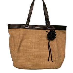 Cole Haan Large Straw Tote Purse Handbag w/ Black Leather Trim